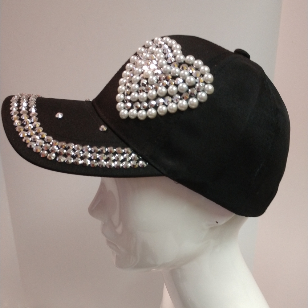 Baseball Cap Heart Bling Adult Faux Pearl Silver-tone Studs Black Canvas Adjusts